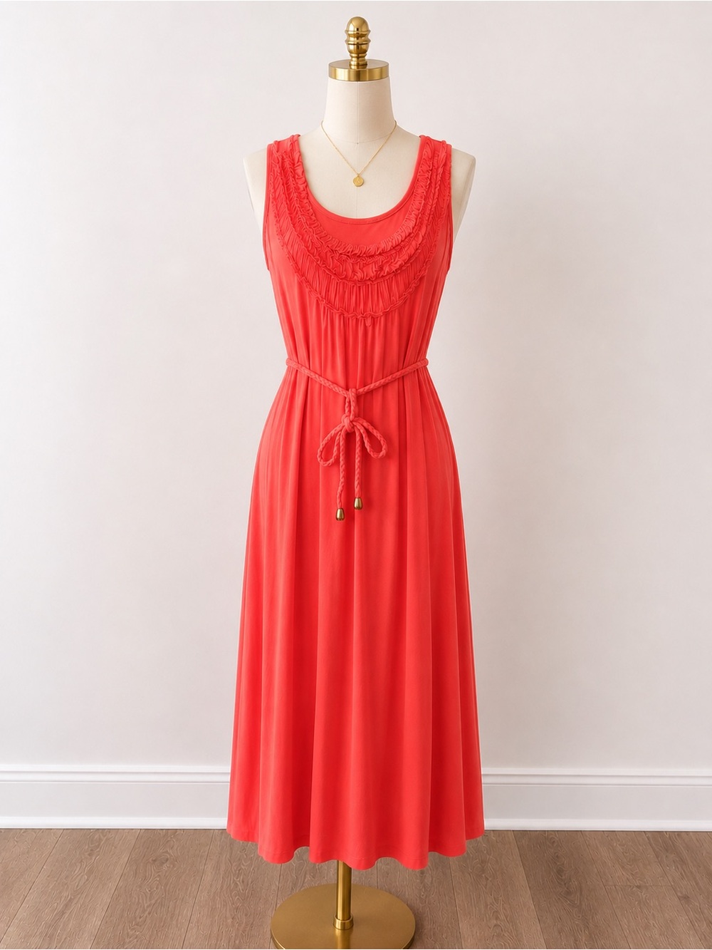 Kische Coral Sleeveless Midi Dress with Braided Yoke and Rope Belt